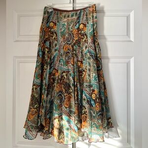 Flowy Brown & Green & Orange Midi Skirt
